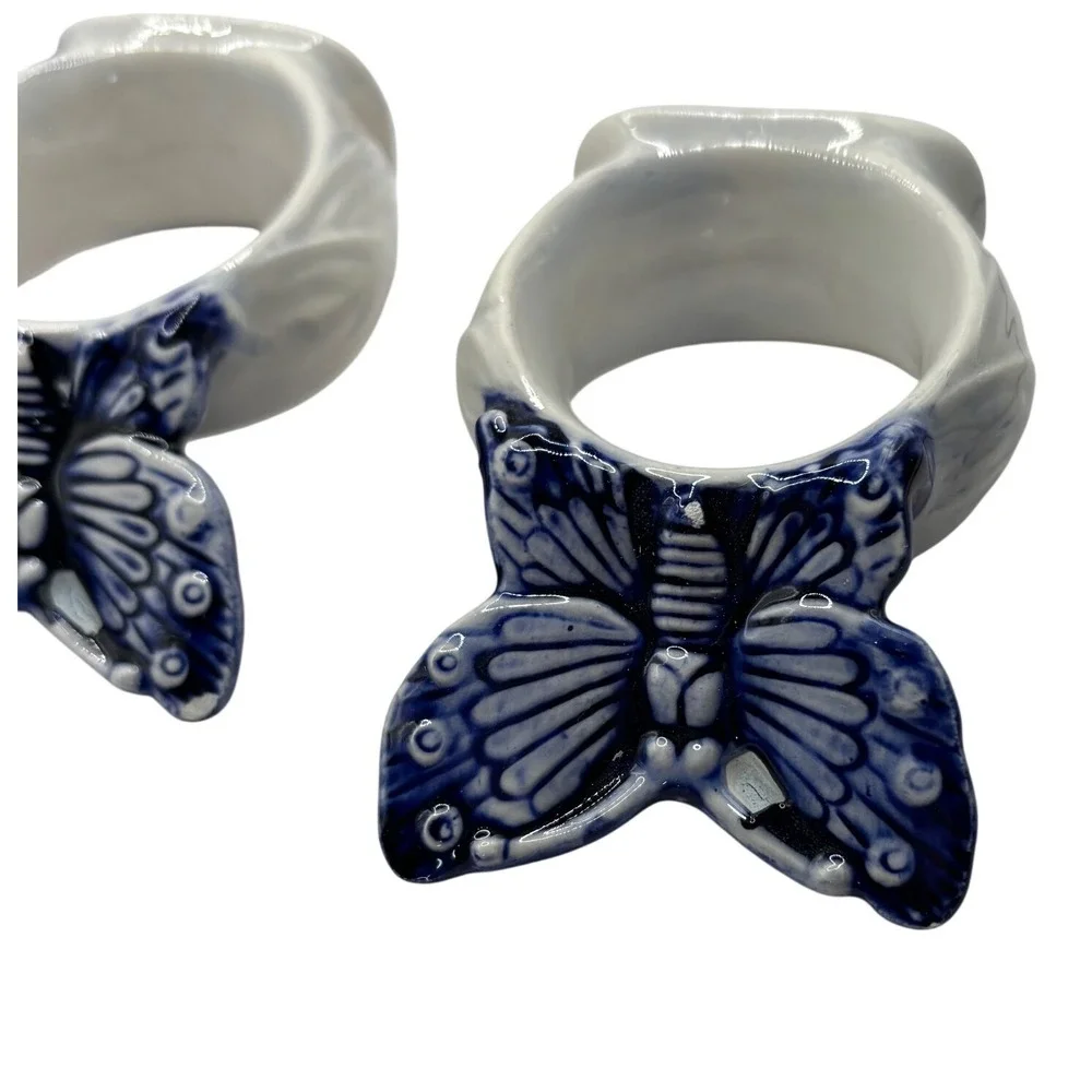Vintage Handcrafted Butterfly‎ Napkin Rings Set of 8 Blue White Ceramic Decor